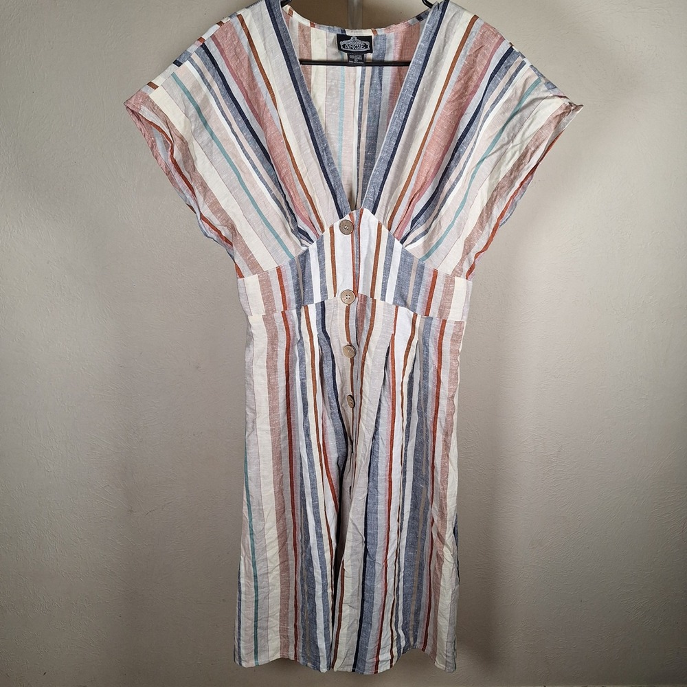 Angie Vintage 90s Cotton Striped Slub Coastal Boho Smocked Midi Dress Large